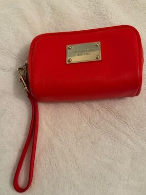 Michael Kors Orange Red Leather Wristlet Clutch with Gold Plaque